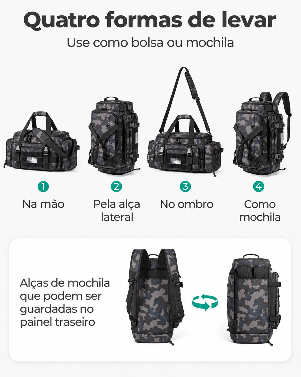 Mochila Tática Masculina 33 L com Compartimento para Sapatos Bags Mart Cor Camuflado Floresta — quatro formas de transporte