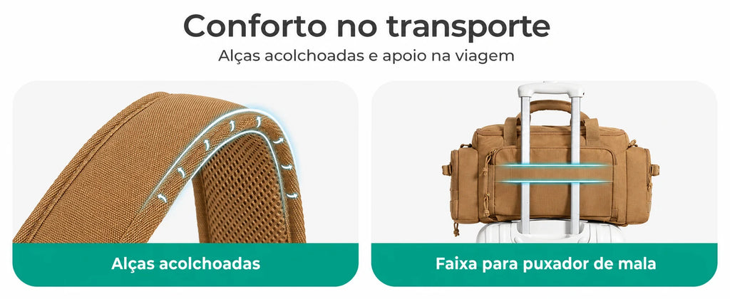 Mochila Tática Masculina 33 L com Compartimento para Sapatos Bags Mart Cor Cáqui — alças acolchoadas e faixa para mala
