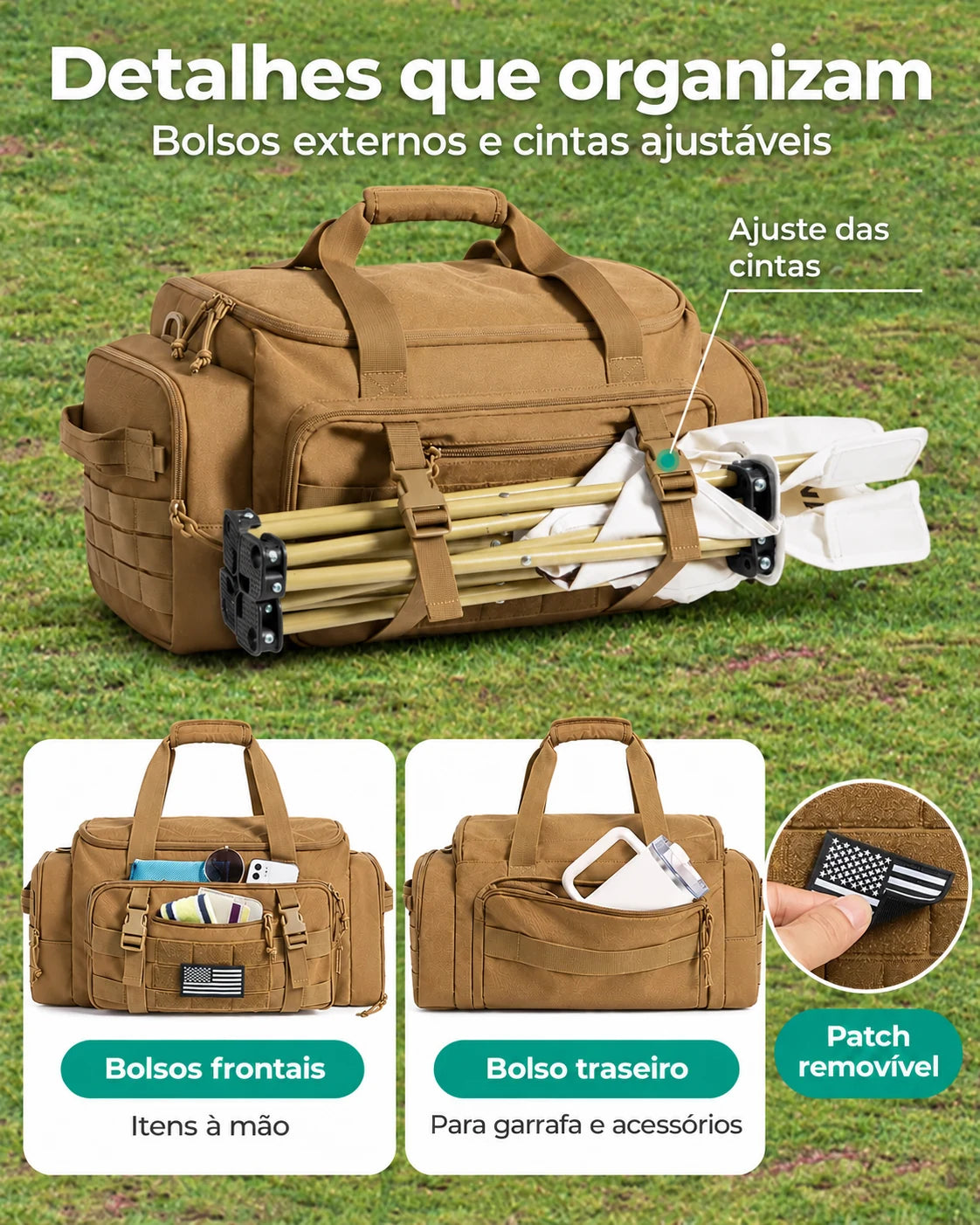 Mochila Tática Masculina 33 L com Compartimento para Sapatos Bags Mart Cor Cáqui — bolsos externos, cintas e patch removível