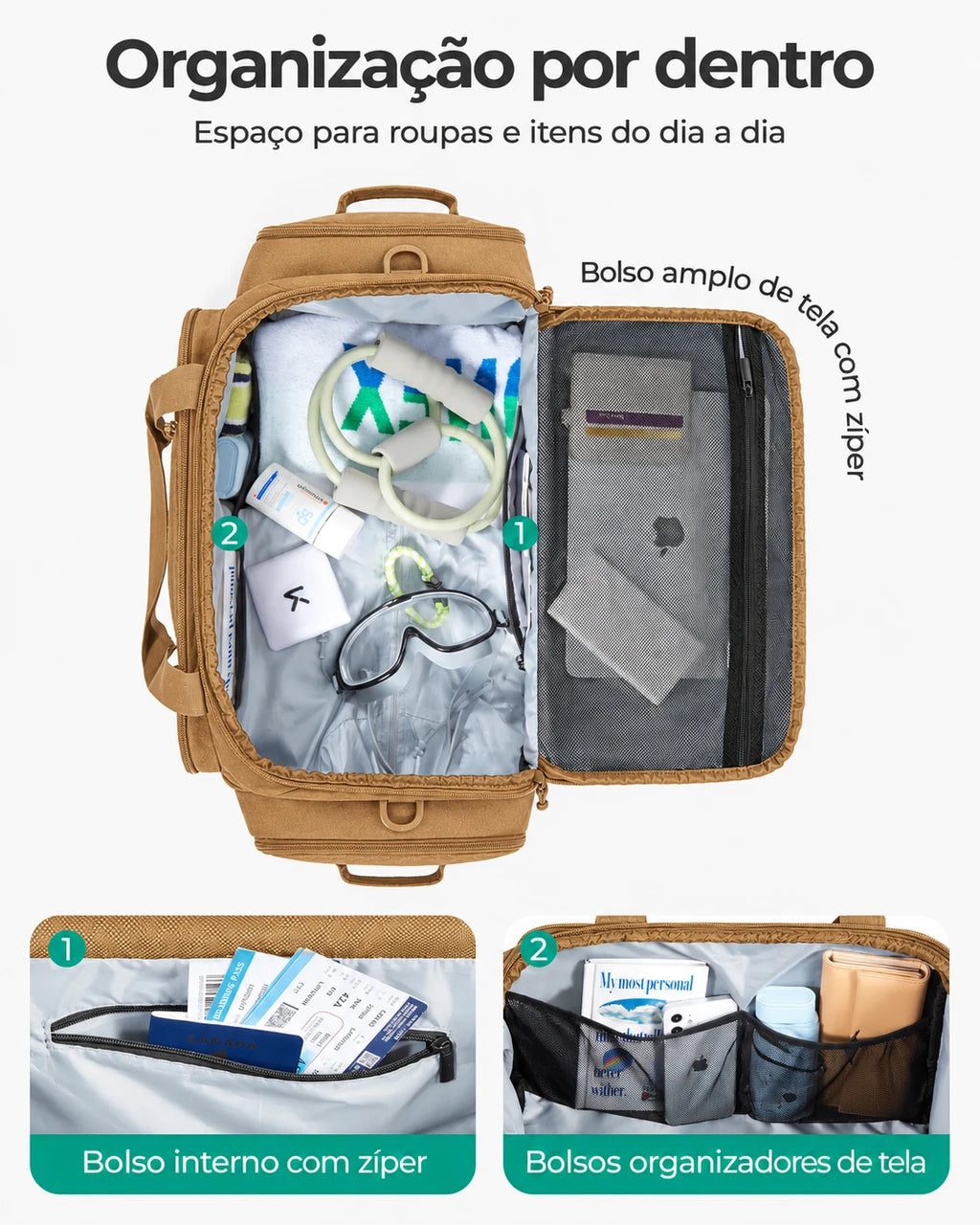 Mochila Tática Masculina 33 L com Compartimento para Sapatos Bags Mart Cor Cáqui — interior e bolsos organizadores