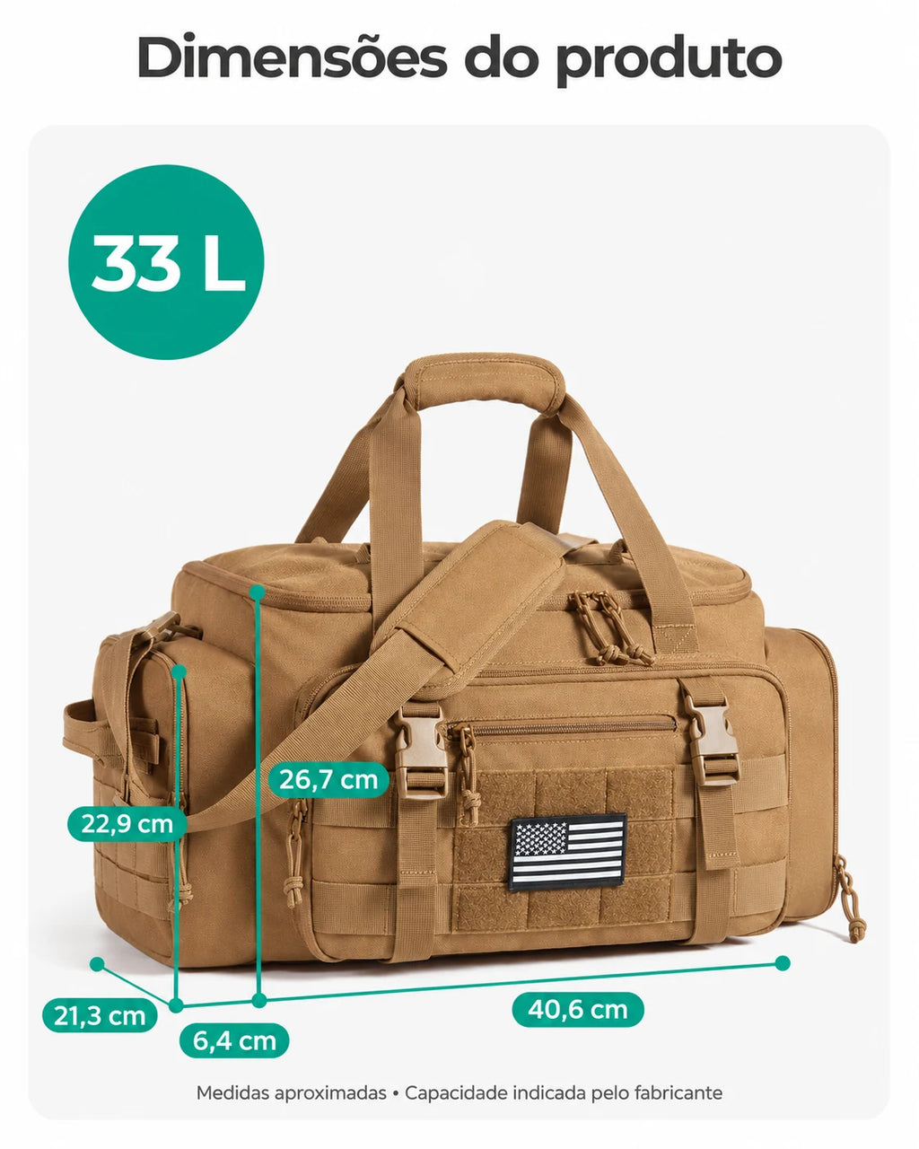 Mochila Tática Masculina 33 L com Compartimento para Sapatos Bags Mart Cor Cáqui — dimensões em centímetros
