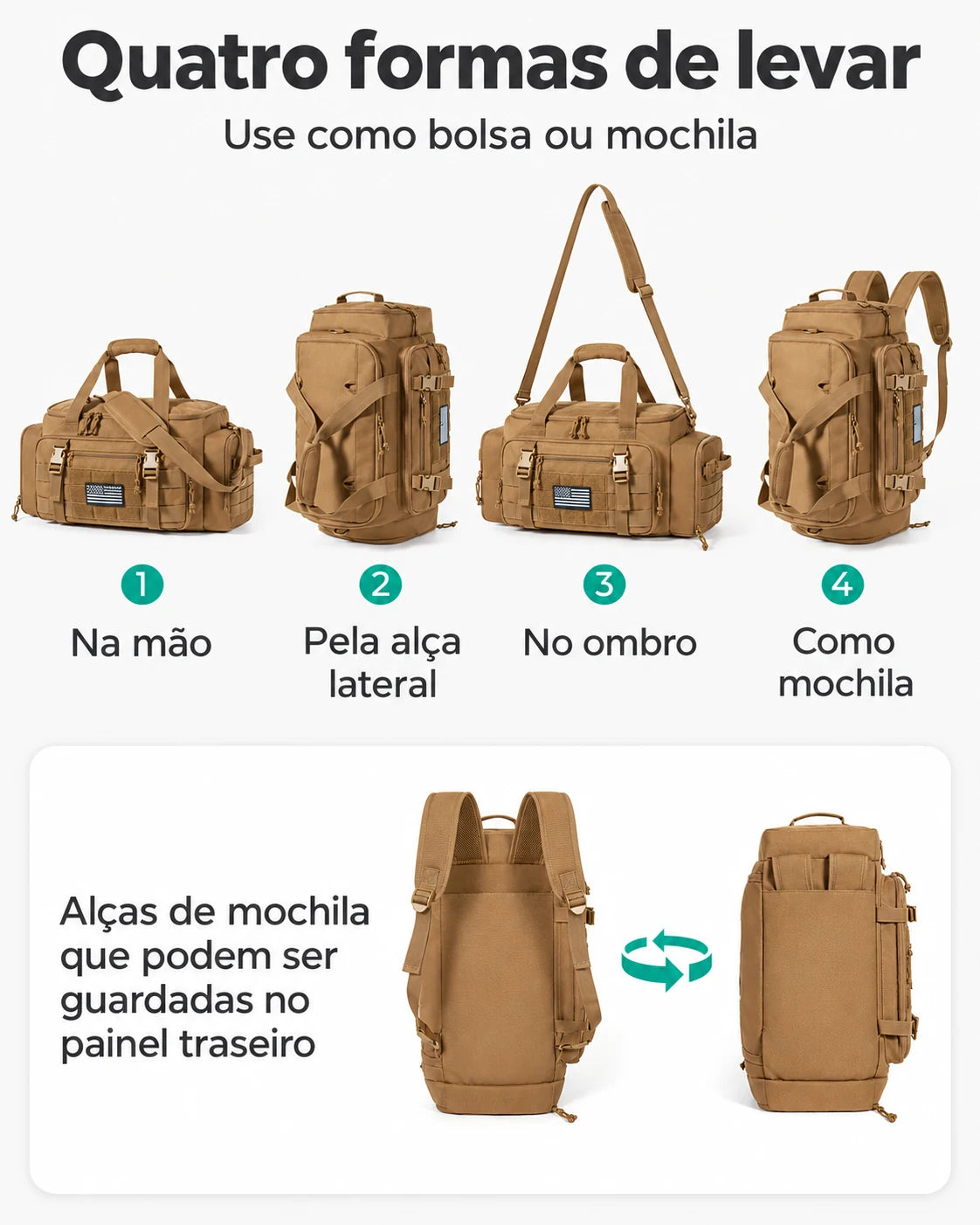 Mochila Tática Masculina 33 L com Compartimento para Sapatos Bags Mart Cor Cáqui — quatro formas de transporte