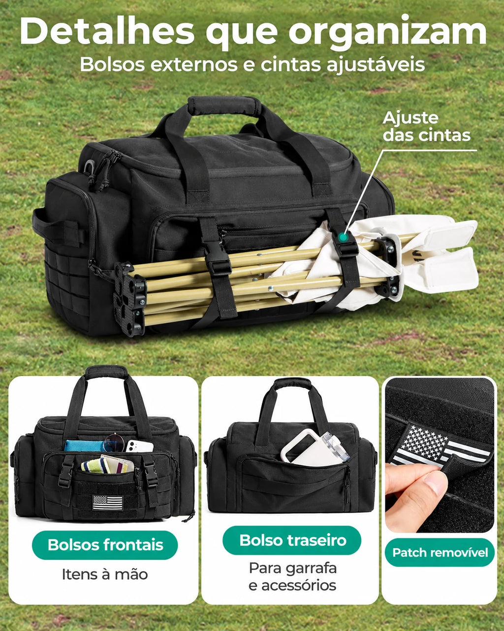 Mochila Tática Masculina 33 L com Compartimento para Sapatos Bags Mart Cor Preto — bolsos externos, cintas e patch removível
