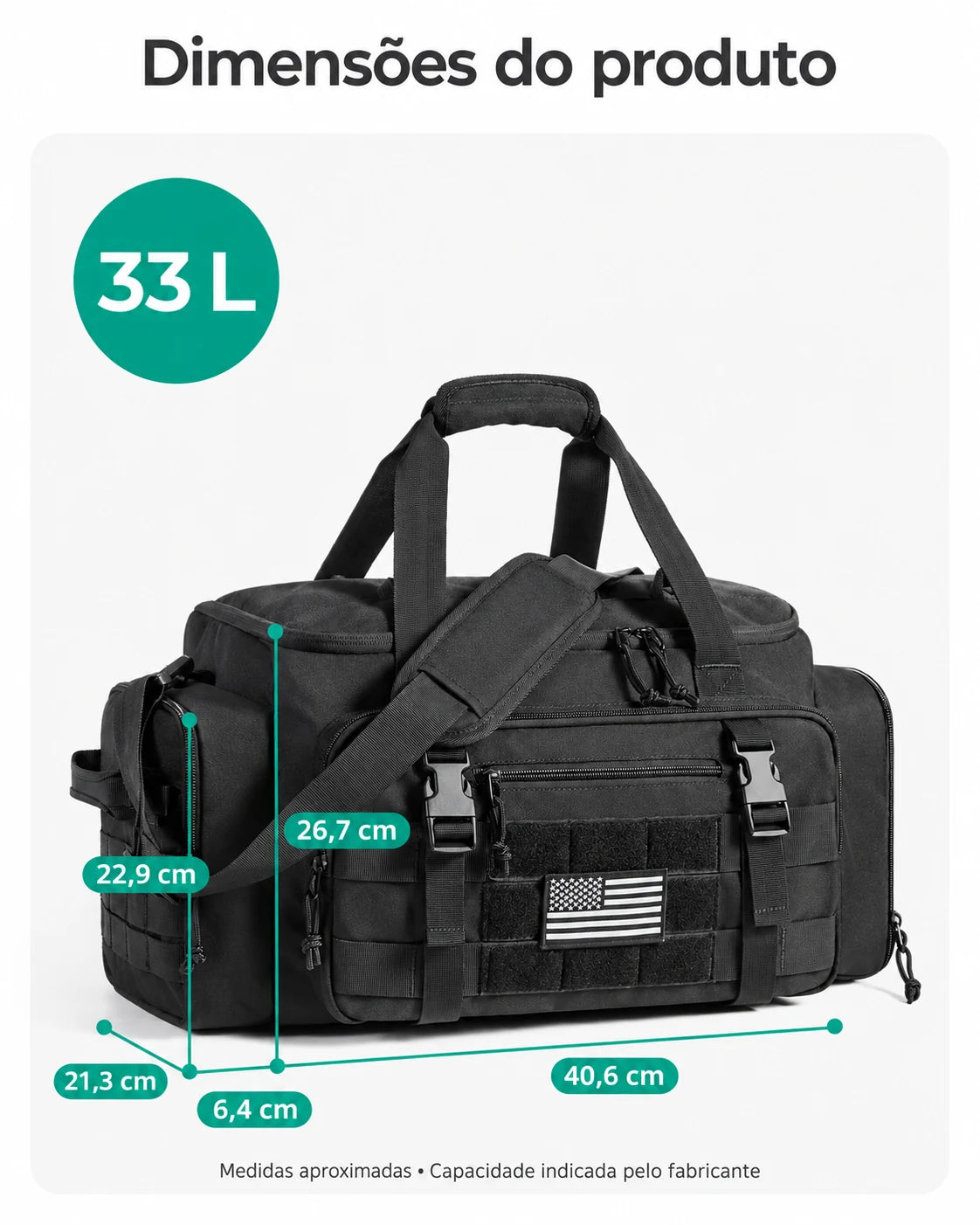Mochila Tática Masculina 33 L com Compartimento para Sapatos Bags Mart Cor Preto — dimensões em centímetros