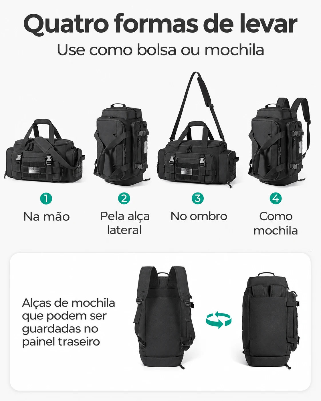 Mochila Tática Masculina 33 L com Compartimento para Sapatos Bags Mart Cor Preto — quatro formas de transporte