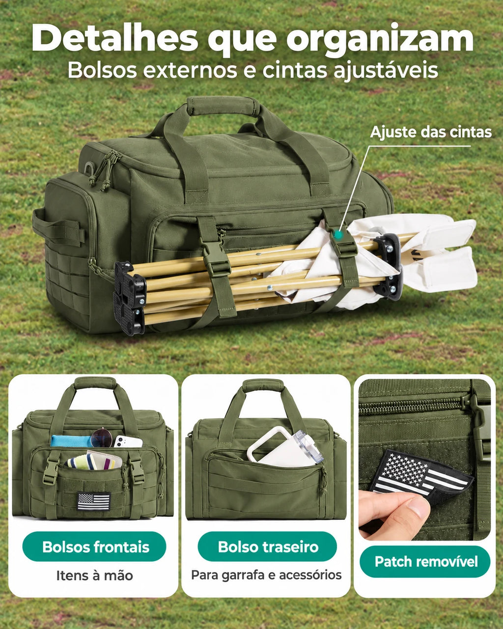 Mochila Tática Masculina 33 L com Compartimento para Sapatos Bags Mart Cor Verde Exército — bolsos externos, cintas e patch removível