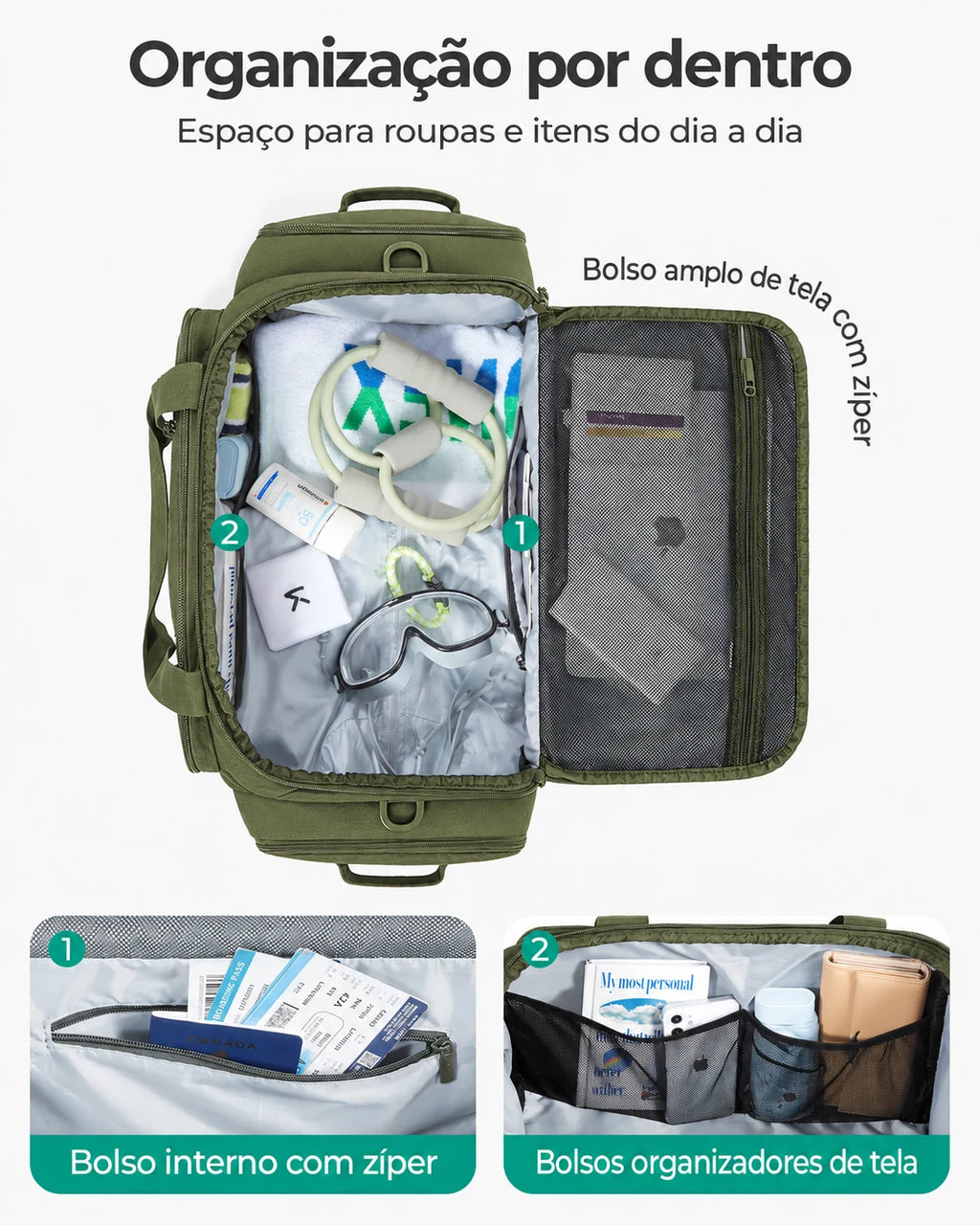 Mochila Tática Masculina 33 L com Compartimento para Sapatos Bags Mart Cor Verde Exército — interior e bolsos organizadores