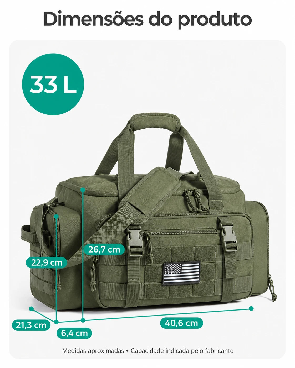 Mochila Tática Masculina 33 L com Compartimento para Sapatos Bags Mart Cor Verde Exército — dimensões em centímetros