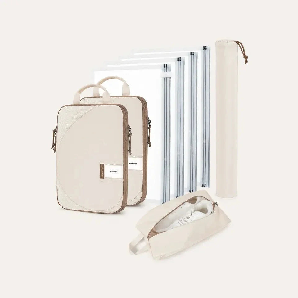 Produto em destaque — Kit Organizadores de Compressão para Viagem 8 Peças Bags Mart Cor Bege