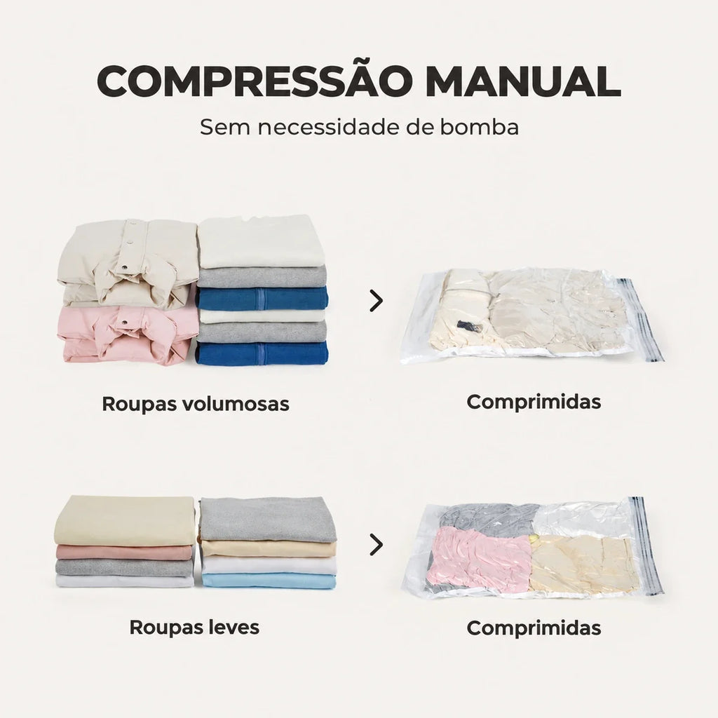 Sacos transparentes Bags Mart com roupas antes e depois da compressão manual