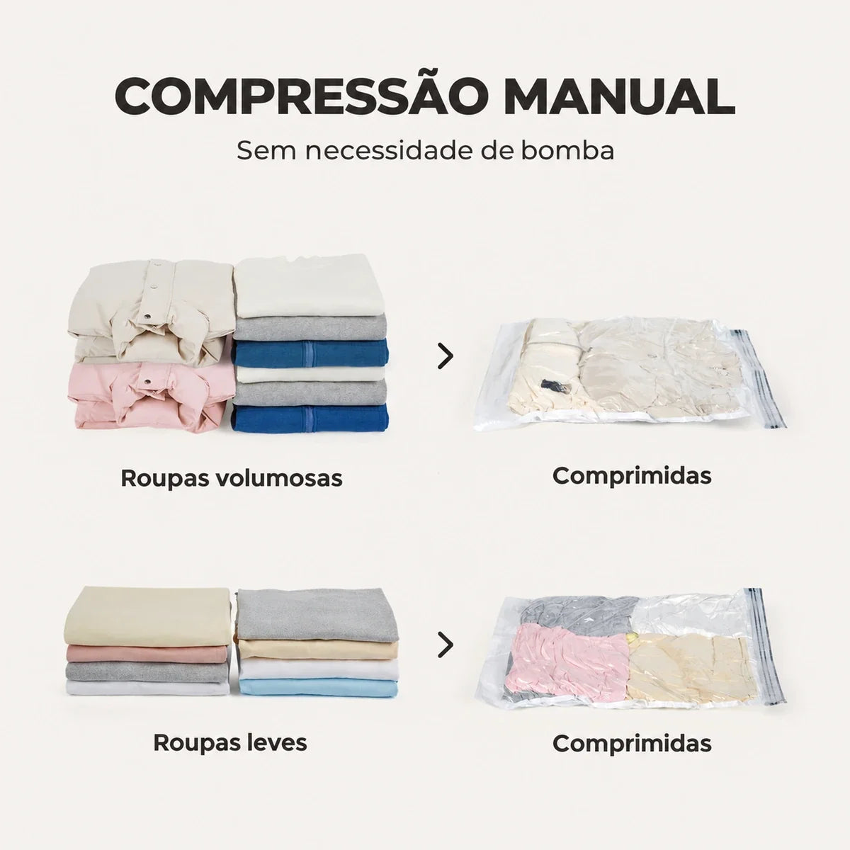 Sacos transparentes Bags Mart com roupas antes e depois da compressão manual