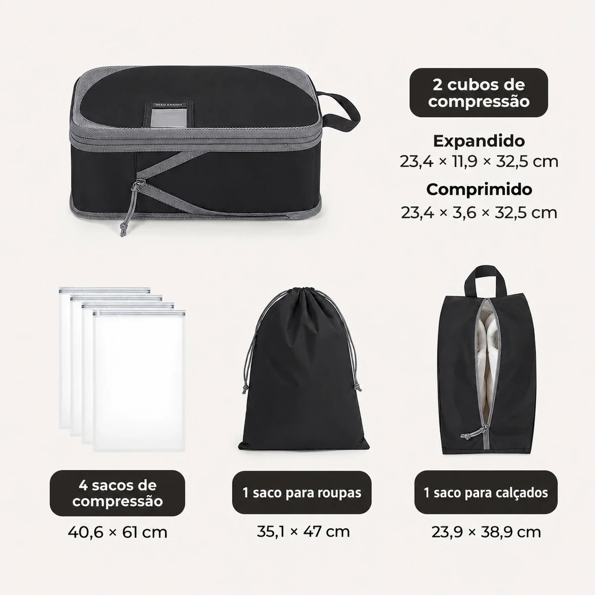 Dimensões em centímetros — Kit Organizadores de Compressão para Viagem 8 Peças Bags Mart Cor Preto