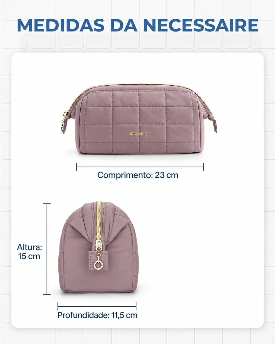 Dimensões em centímetros — Necessaire de Maquiagem Puffer Acolchoada Bags Mart Cor Roxo Acinzentado