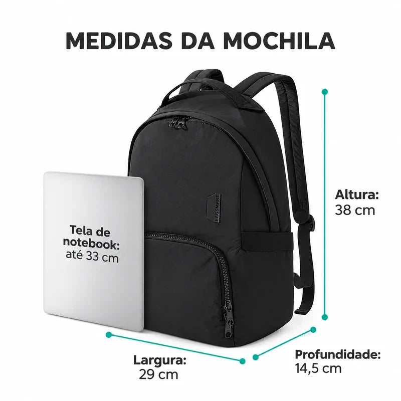 Dimensões em centímetros — Mochila de Viagem Feminina Ultraleve Resistente à Água Bags Mart Cor Preto
