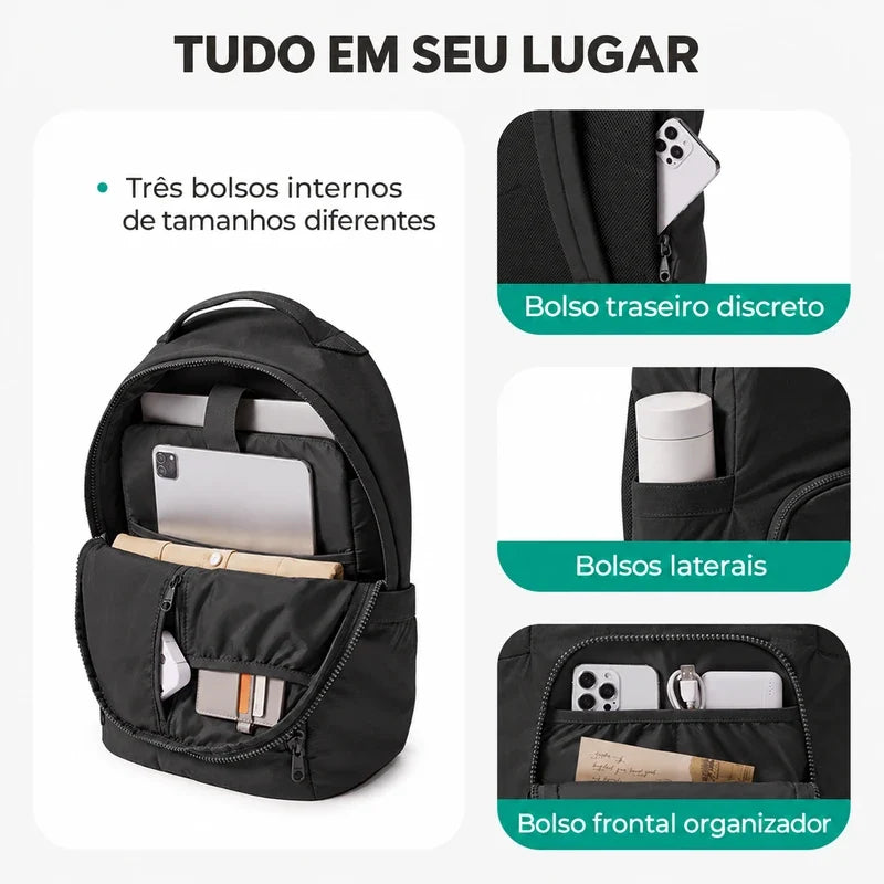 Organização e compartimentos — Mochila de Viagem Feminina Ultraleve Resistente à Água Bags Mart Cor Preto