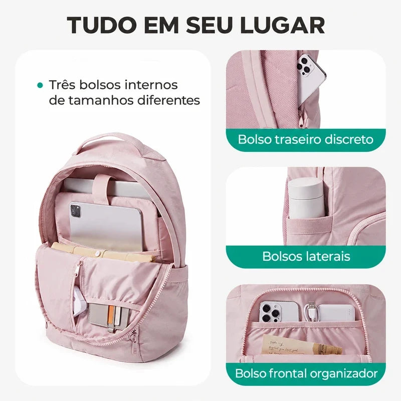 Organização e compartimentos — Mochila de Viagem Feminina Ultraleve Resistente à Água Bags Mart Cor Rosa