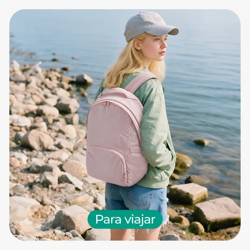Produto em uso — Mochila de Viagem Feminina Ultraleve Resistente à Água Bags Mart Cor Rosa