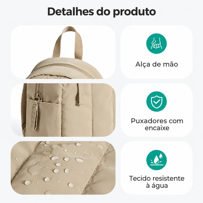 Mochila pequena acolchoada Bags Mart cor cáqui — acabamentos e tecido