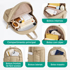 Mochila pequena acolchoada Bags Mart cor cáqui — organização interna e compartimentos