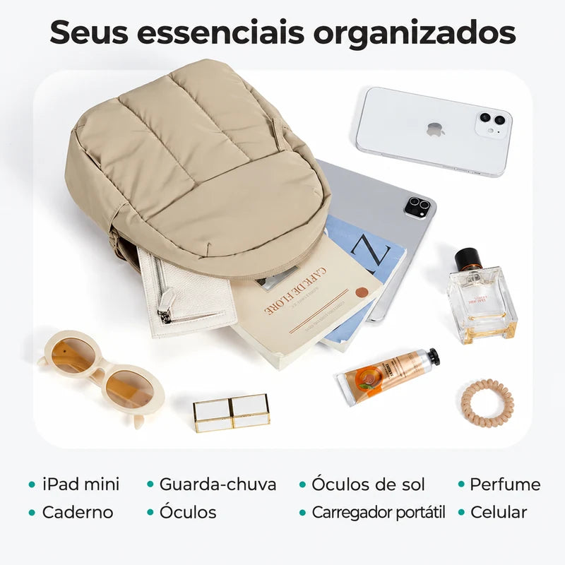 Mochila pequena acolchoada Bags Mart cor cáqui — organização dos itens essenciais
