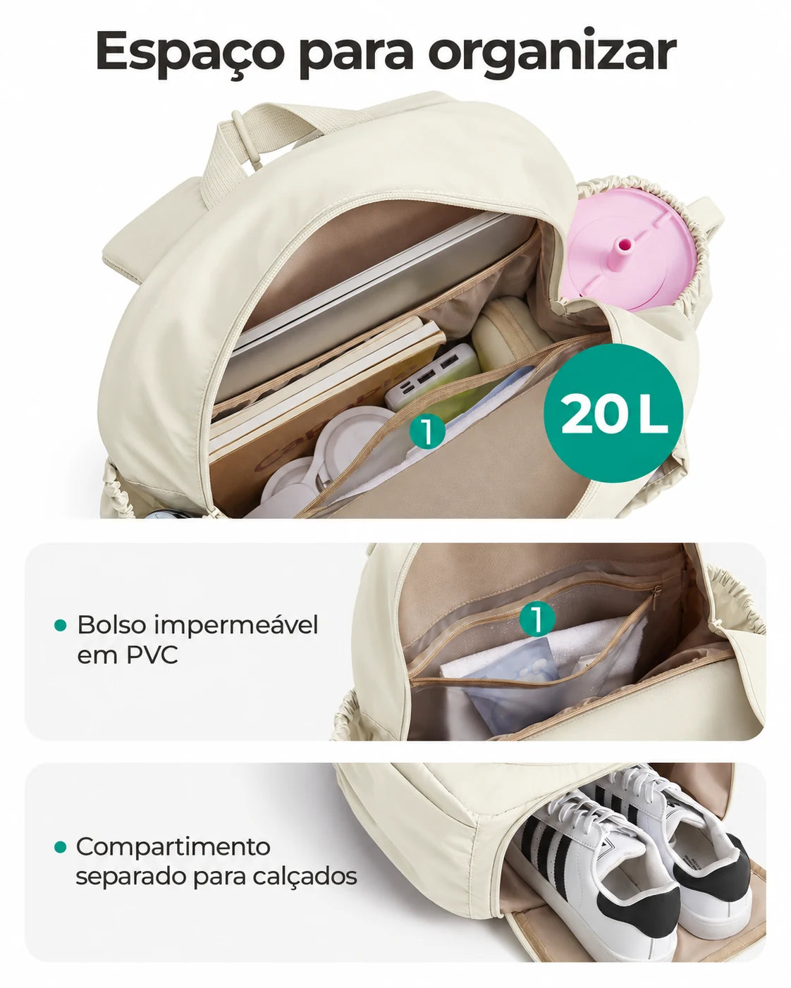 Mochila para raquetes Bags Mart cor bege — organização interna e compartimentos