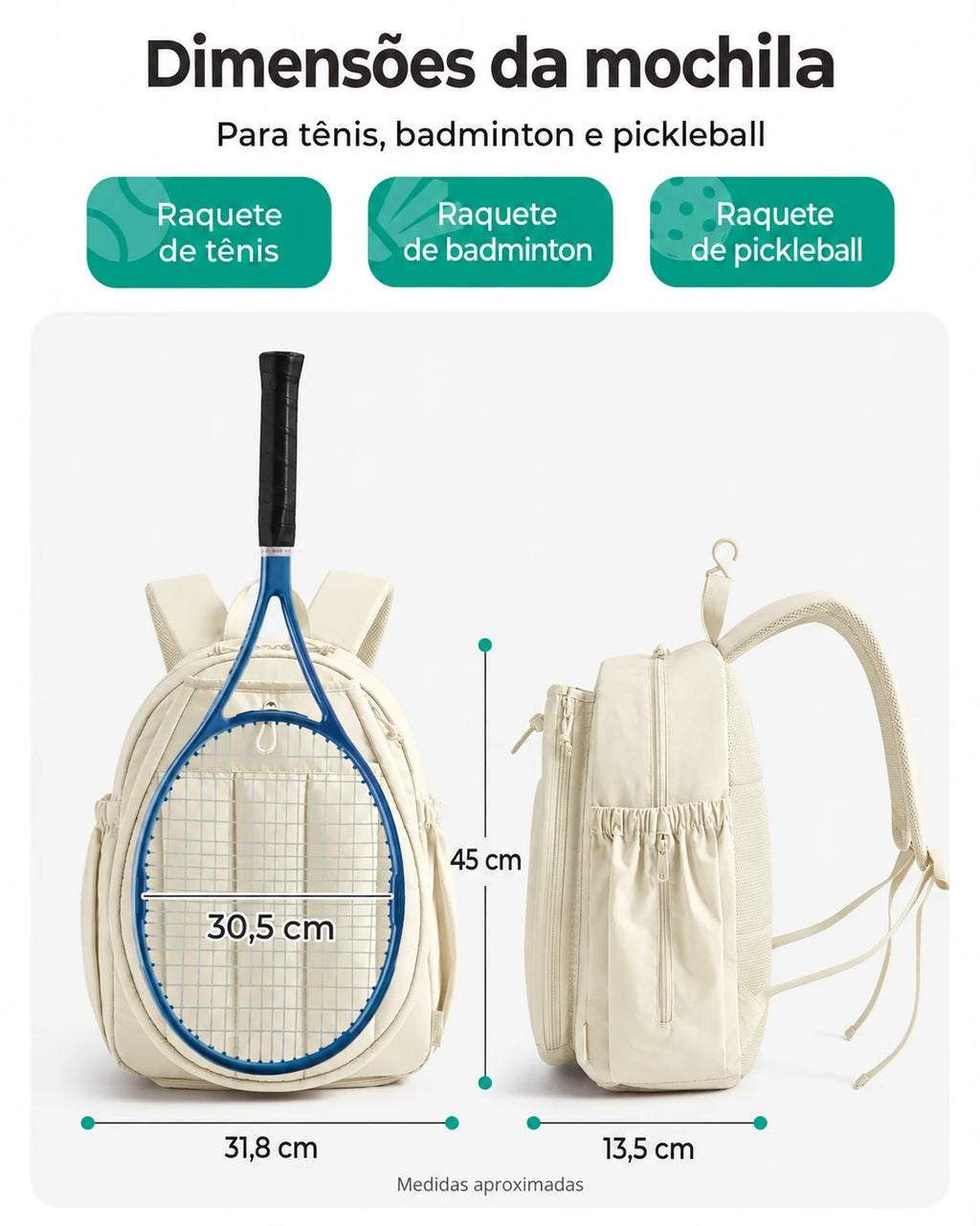 Mochila para raquetes Bags Mart cor bege — dimensões em centímetros