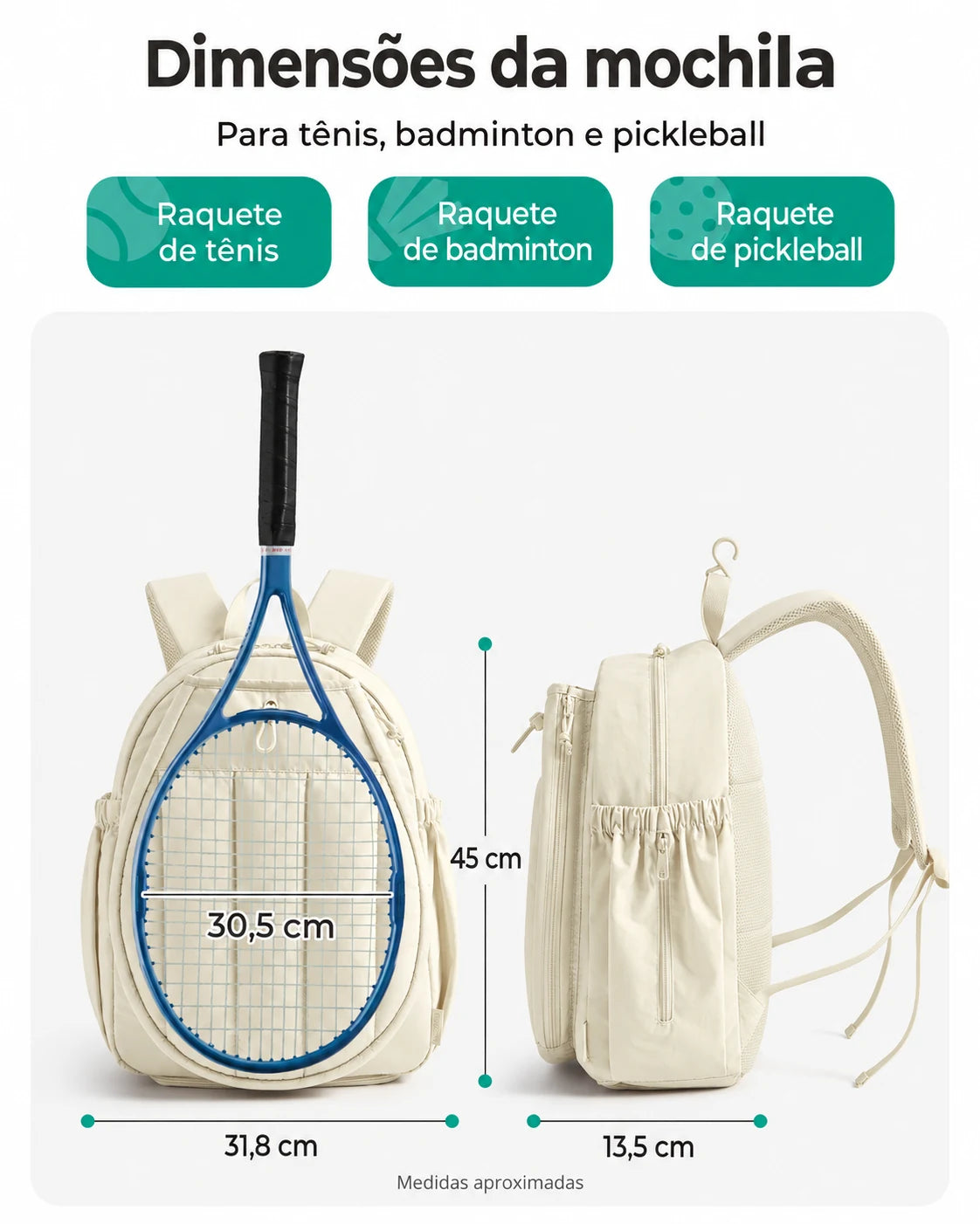 Mochila para raquetes Bags Mart cor bege — dimensões em centímetros
