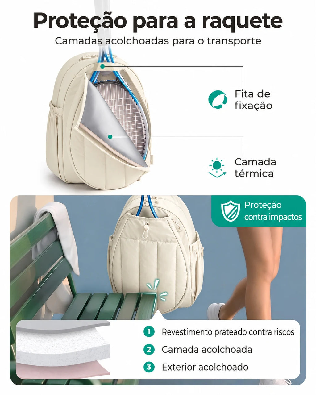 Mochila para raquetes Bags Mart cor bege — camadas de proteção da raquete