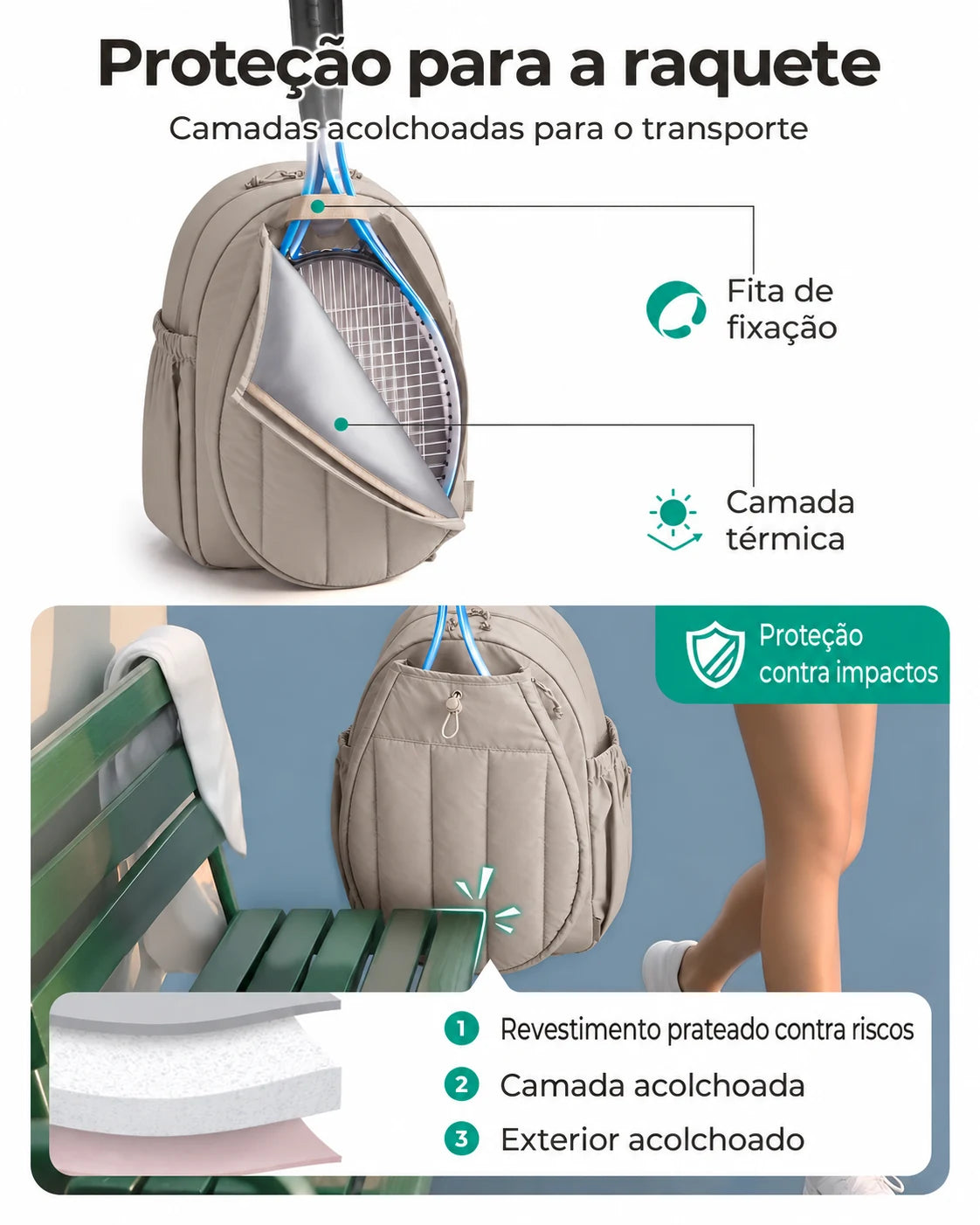 Mochila para raquetes Bags Mart cor marrom — camadas de proteção da raquete