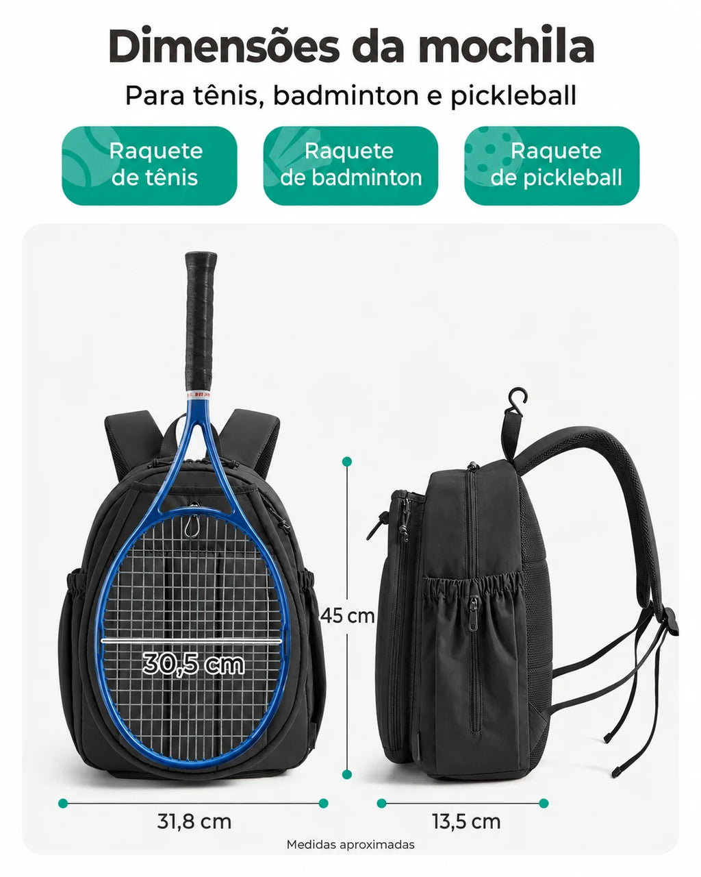 Mochila para raquetes Bags Mart cor preto — dimensões em centímetros