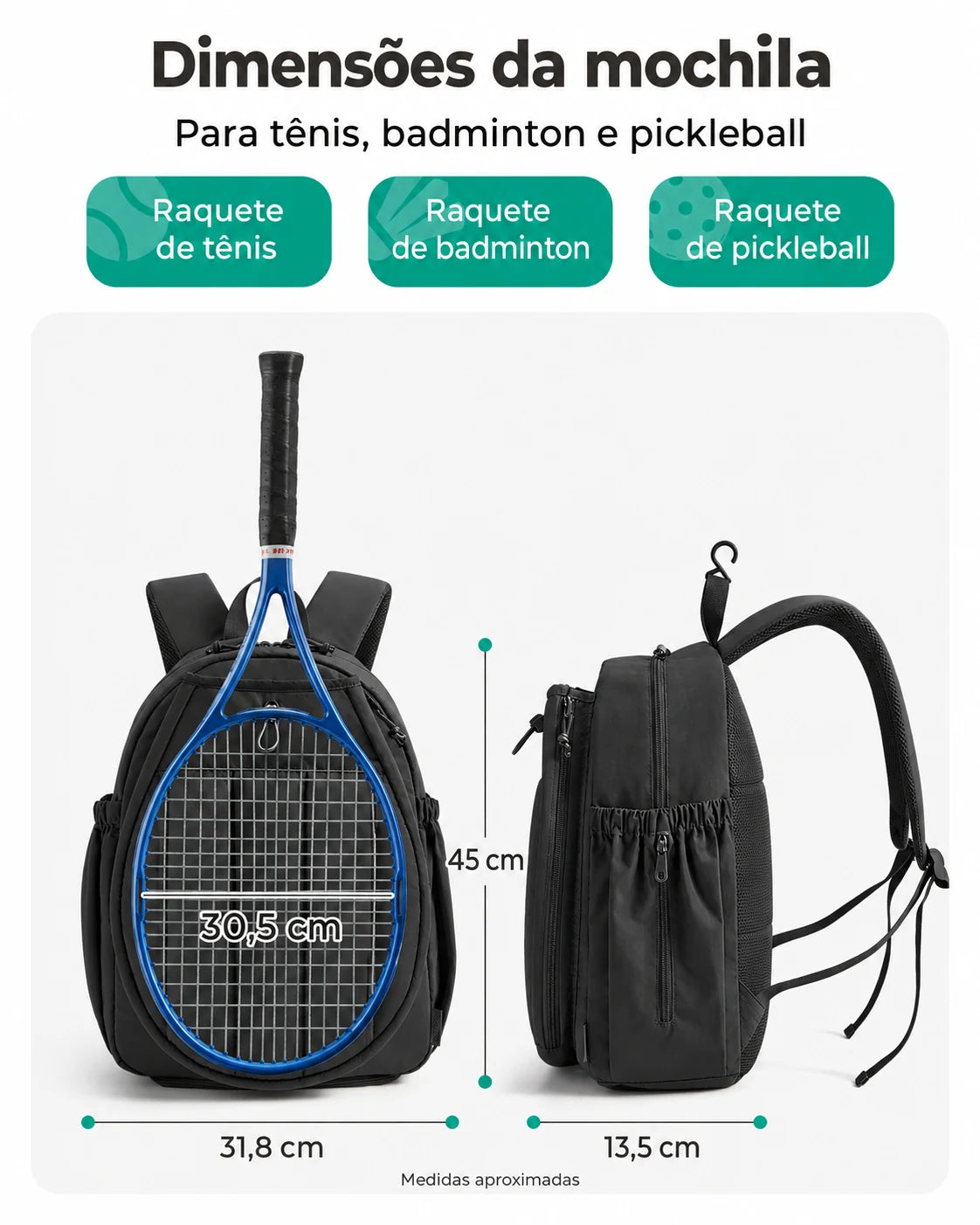 Mochila para raquetes Bags Mart cor preto — dimensões em centímetros
