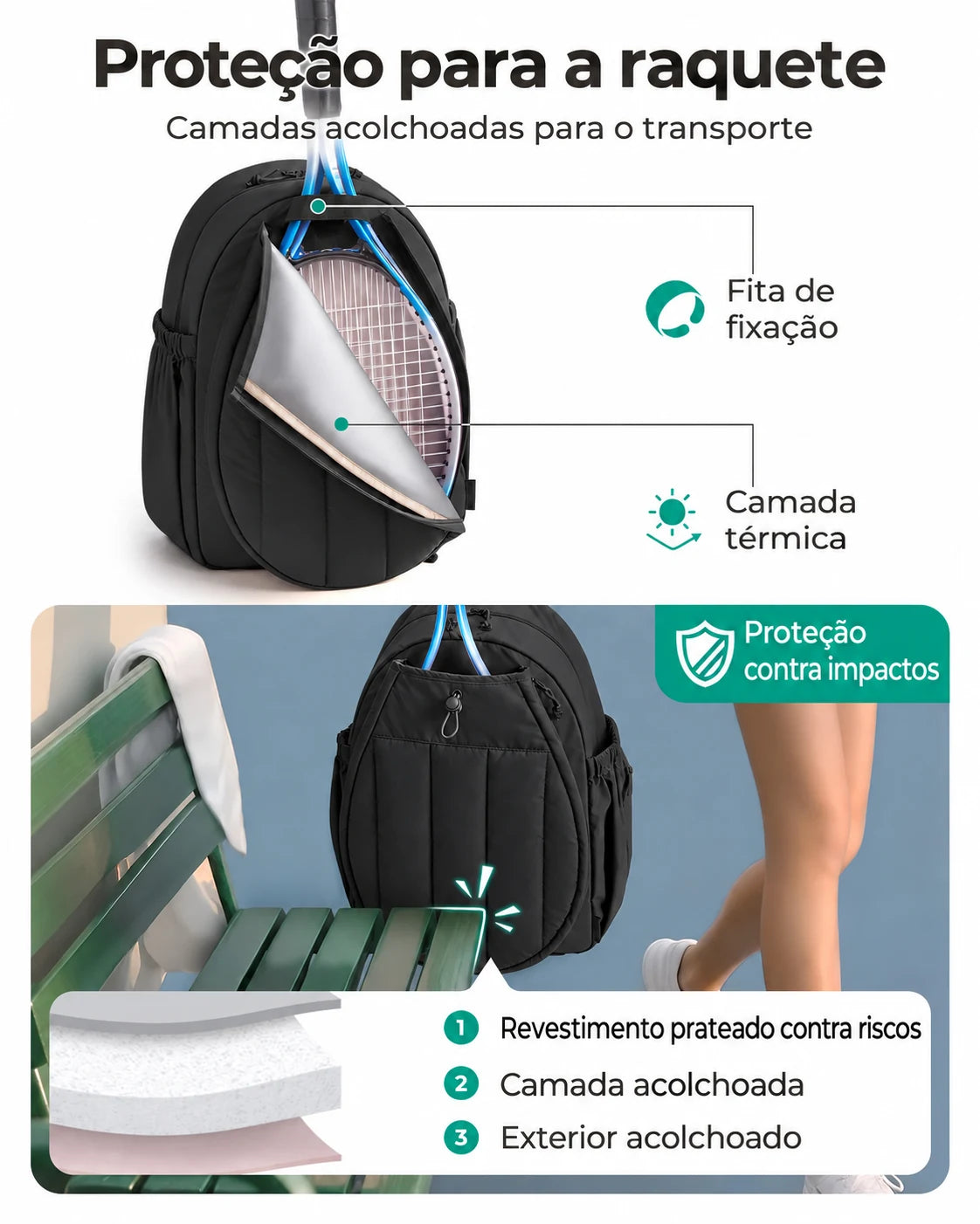 Mochila para raquetes Bags Mart cor preto — camadas de proteção da raquete