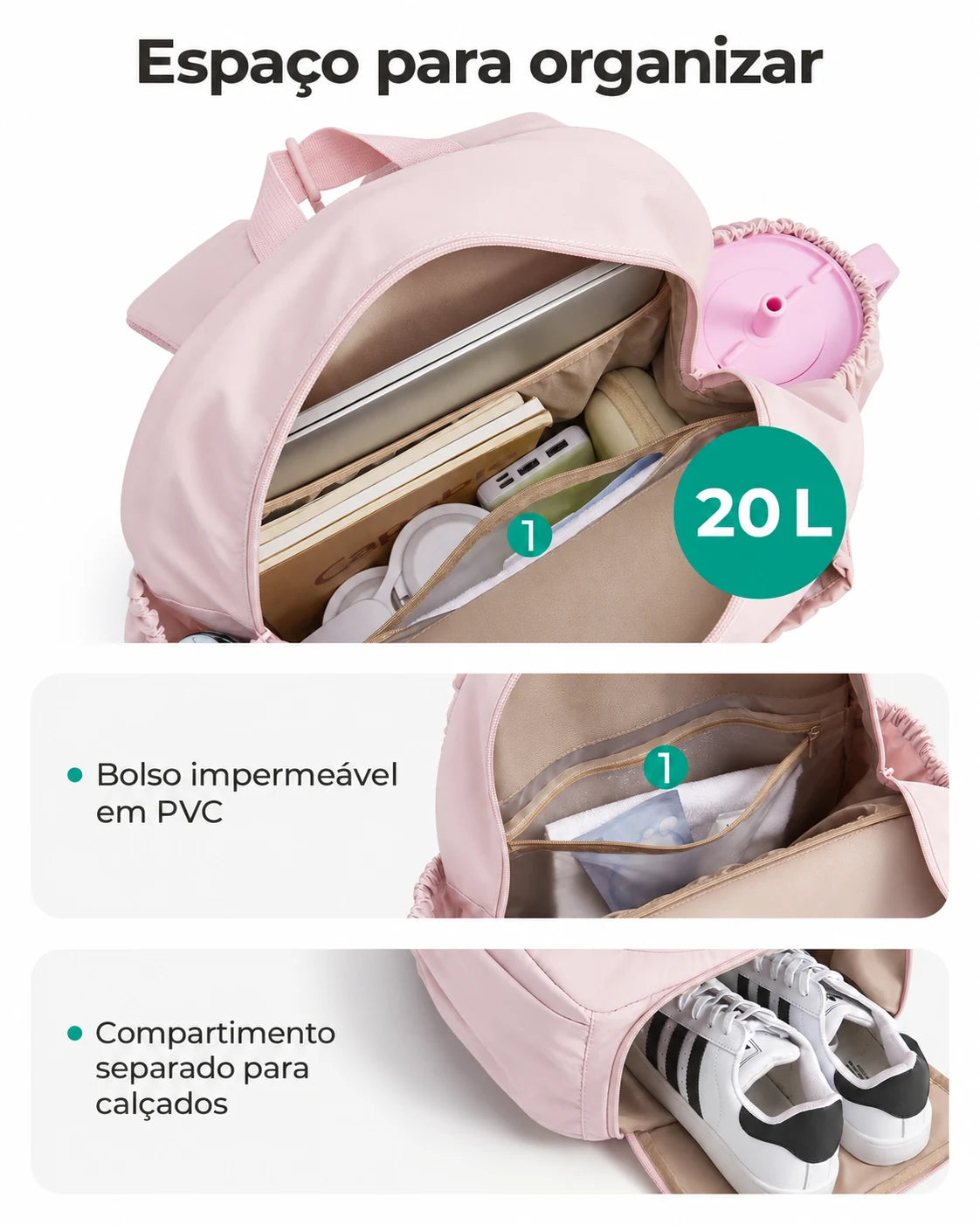 Mochila para raquetes Bags Mart cor rosa — organização interna e compartimentos