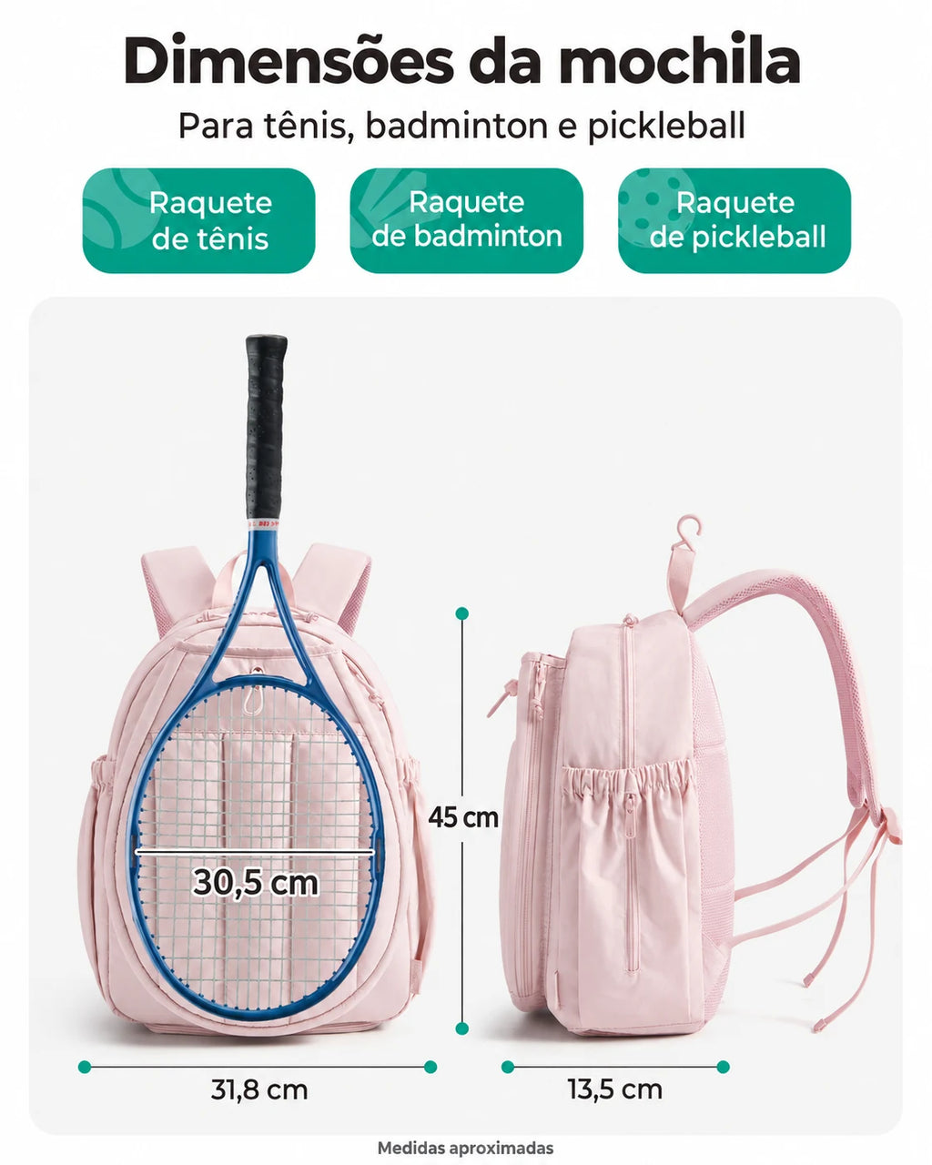 Mochila para raquetes Bags Mart cor rosa — dimensões em centímetros