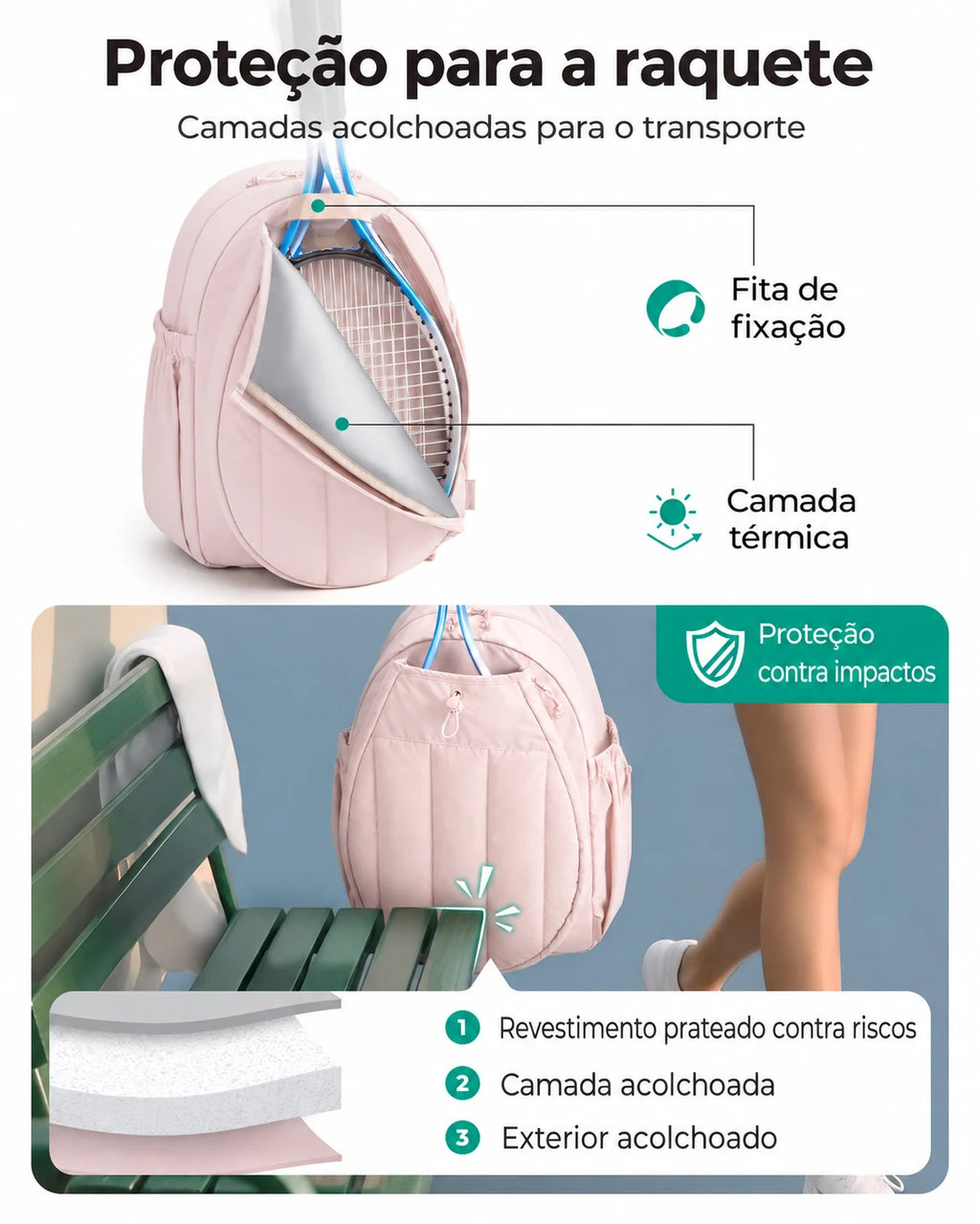 Mochila para raquetes Bags Mart cor rosa — camadas de proteção da raquete
