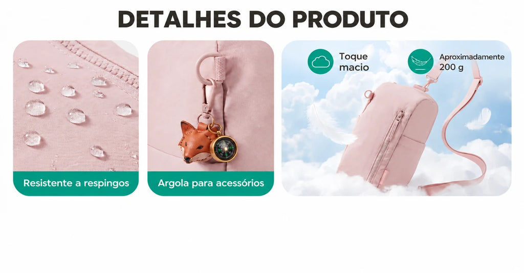 Bolsa Transversal Compacta 9 L com Alça Conversível Bags Mart Cor Rosa — tecido, argola para acessórios e peso