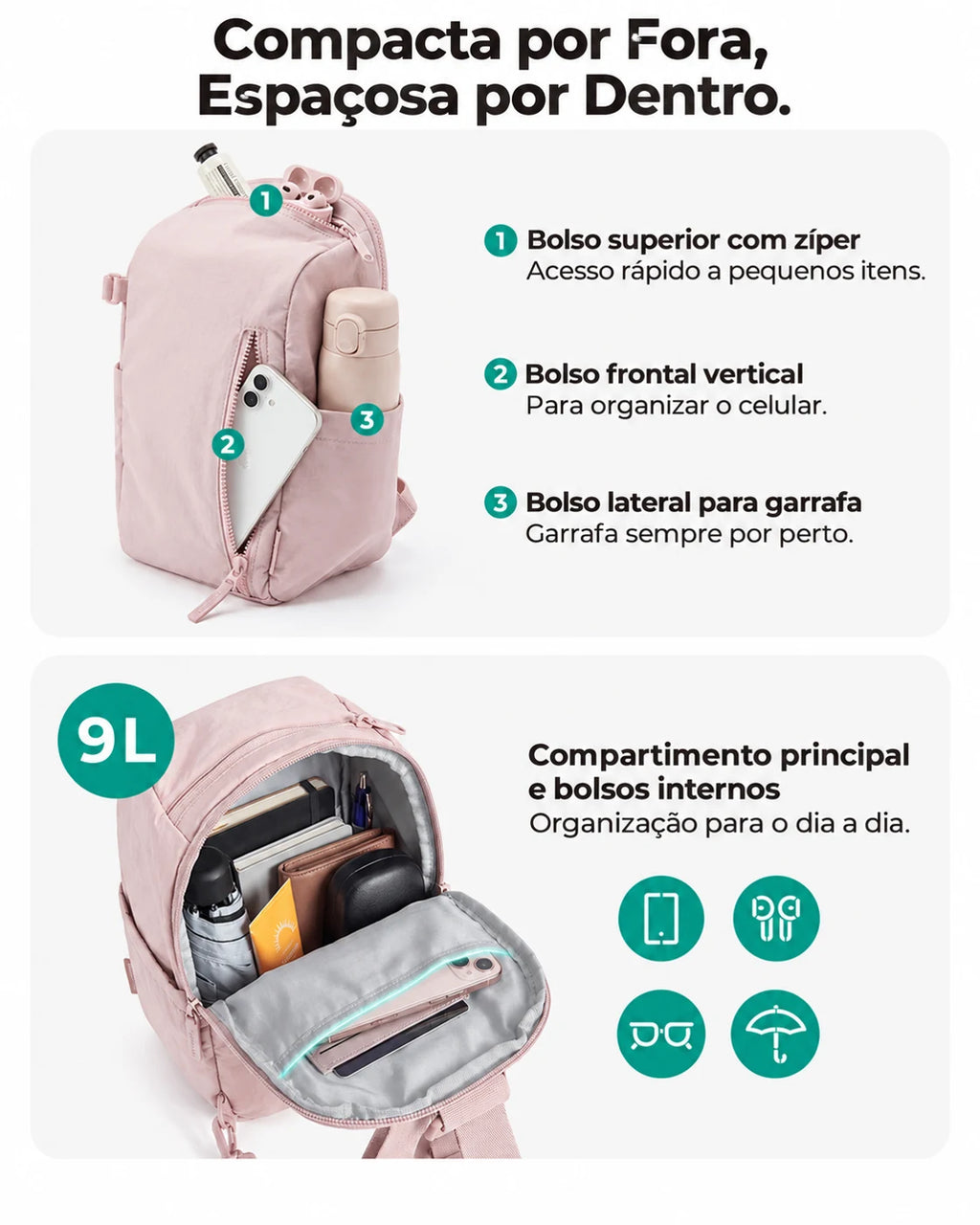Bolsa Transversal Compacta 9 L com Alça Conversível Bags Mart Cor Rosa — bolsos externos, interior e capacidade de 9 L