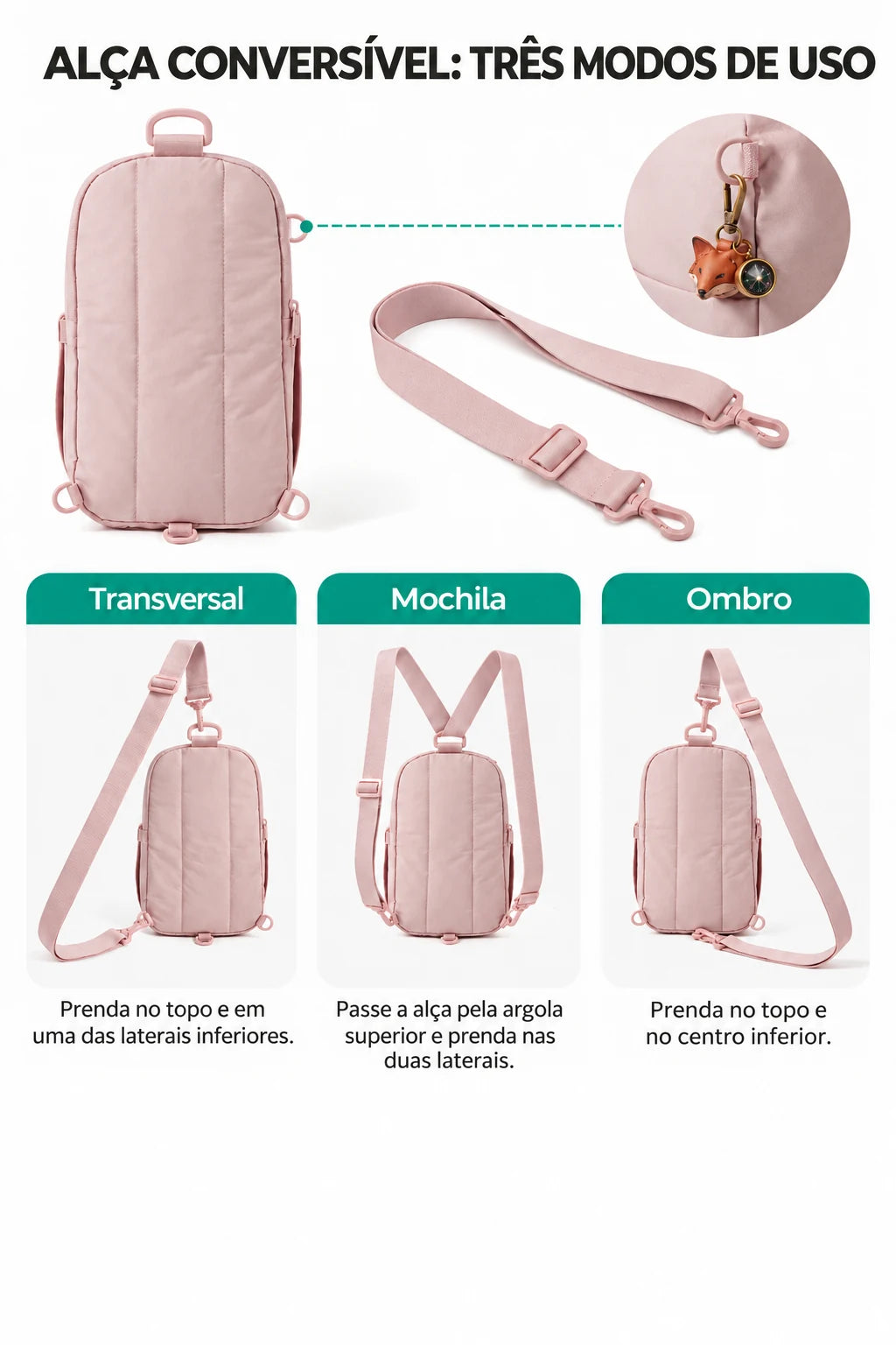 Bolsa Transversal Compacta 9 L com Alça Conversível Bags Mart Cor Rosa — pontos de fixação e montagem da alça
