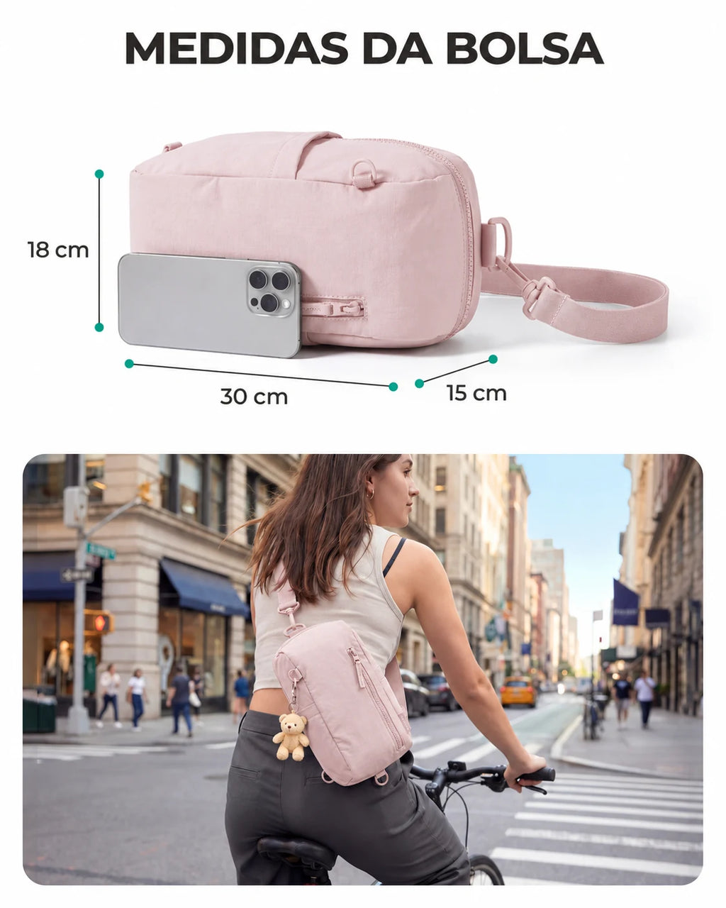 Bolsa Transversal Compacta 9 L com Alça Conversível Bags Mart Cor Rosa — dimensões em centímetros
