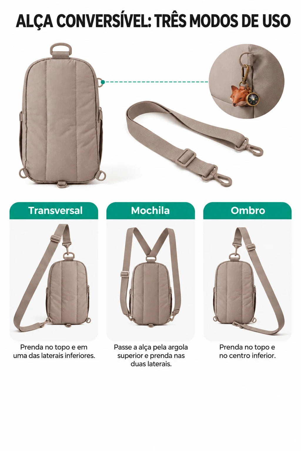 Bolsa Transversal Compacta 9 L com Alça Conversível Bags Mart Cor Marrom — pontos de fixação e montagem da alça
