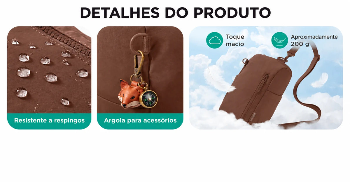 Bolsa Transversal Compacta 9 L com Alça Conversível Bags Mart Cor Café — tecido, argola para acessórios e peso