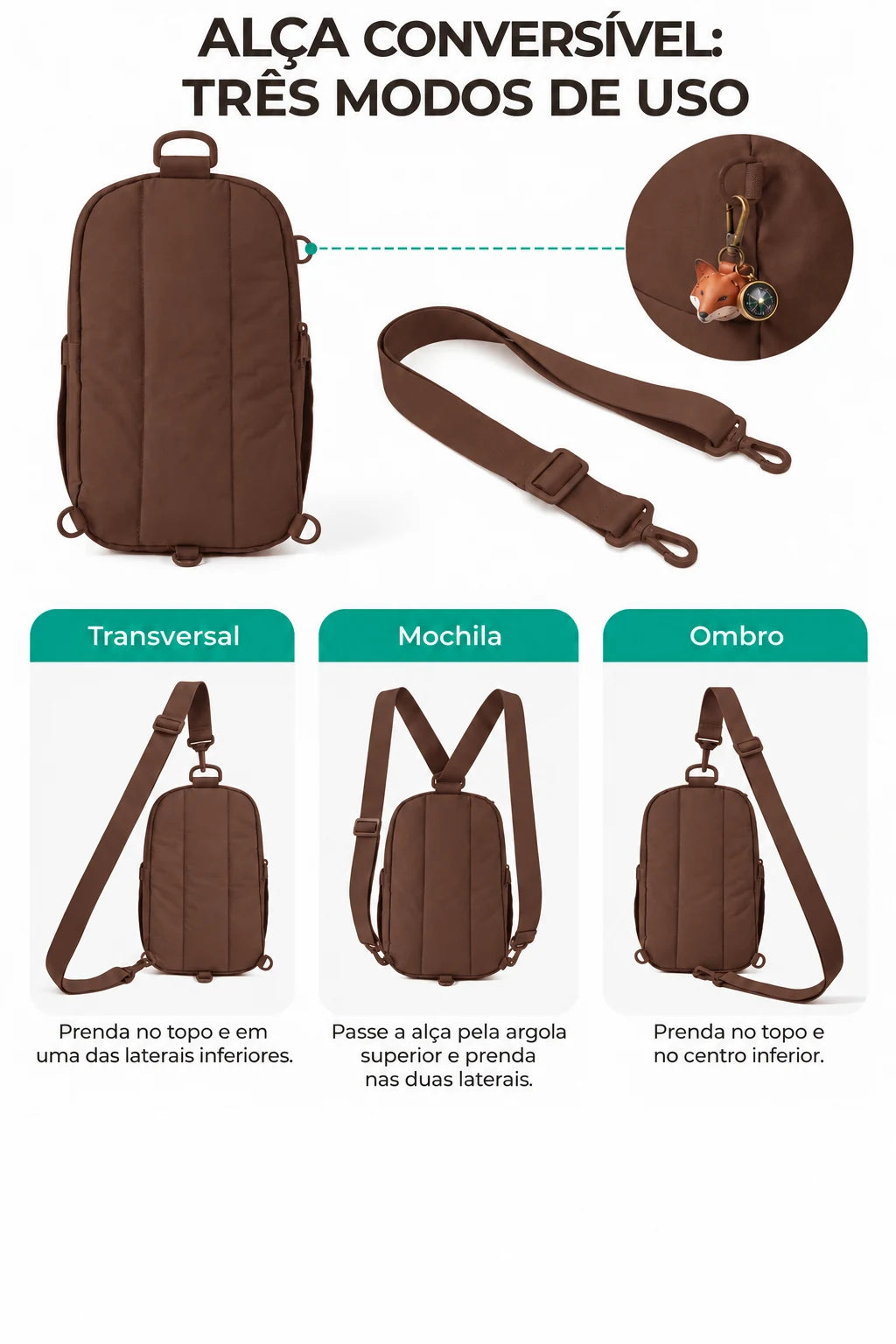 Bolsa Transversal Compacta 9 L com Alça Conversível Bags Mart Cor Café — pontos de fixação e montagem da alça