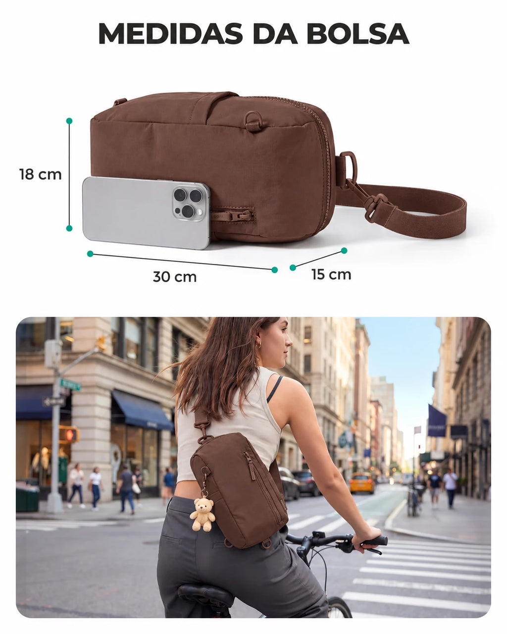 Bolsa Transversal Compacta 9 L com Alça Conversível Bags Mart Cor Café — dimensões em centímetros