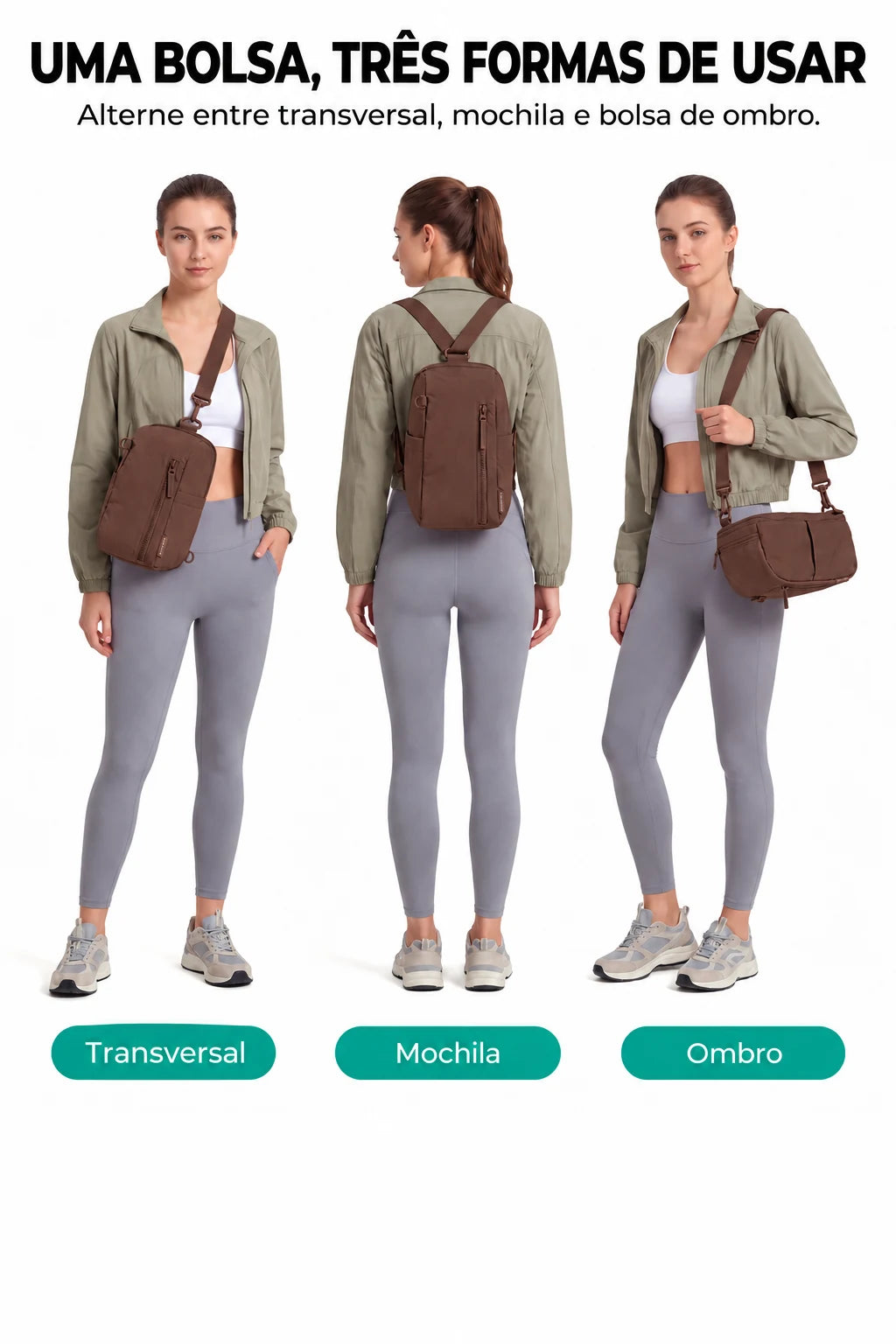 Bolsa Transversal Compacta 9 L com Alça Conversível Bags Mart Cor Café — uso transversal, como mochila e no ombro