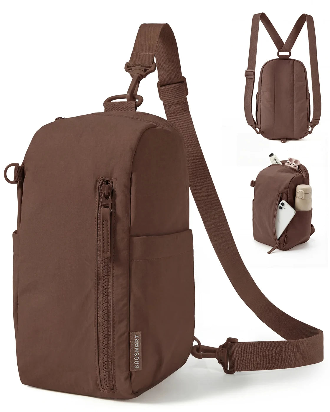 Bolsa Transversal Compacta 9 L com Alça Conversível Bags Mart Cor Café — produto em destaque e vistas externas