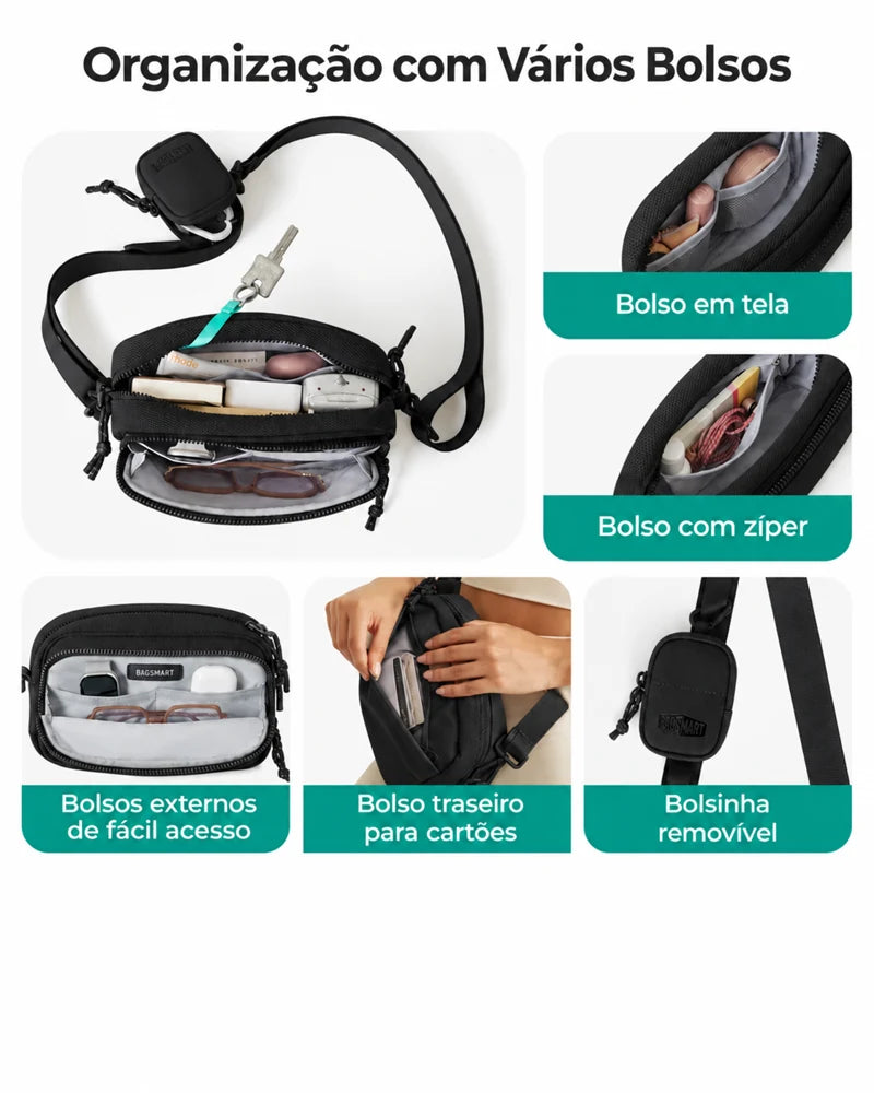 Pochete Unissex com Bolsinha Removível Bags Mart Cor Preto — bolsos e compartimentos