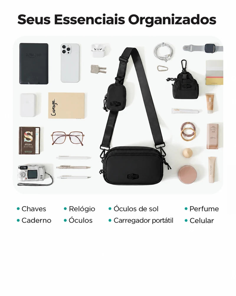 Pochete Unissex com Bolsinha Removível Bags Mart Cor Preto — organização dos itens