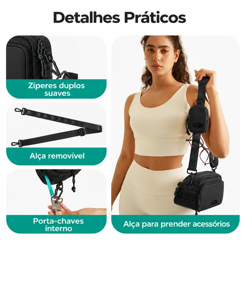 Pochete Unissex com Bolsinha Removível Bags Mart Cor Preto — detalhes e acabamentos