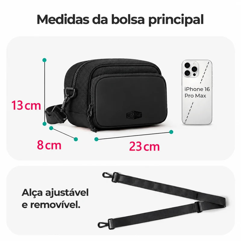 Pochete Unissex com Bolsinha Removível Bags Mart Cor Preto — dimensões confirmadas em centímetros
