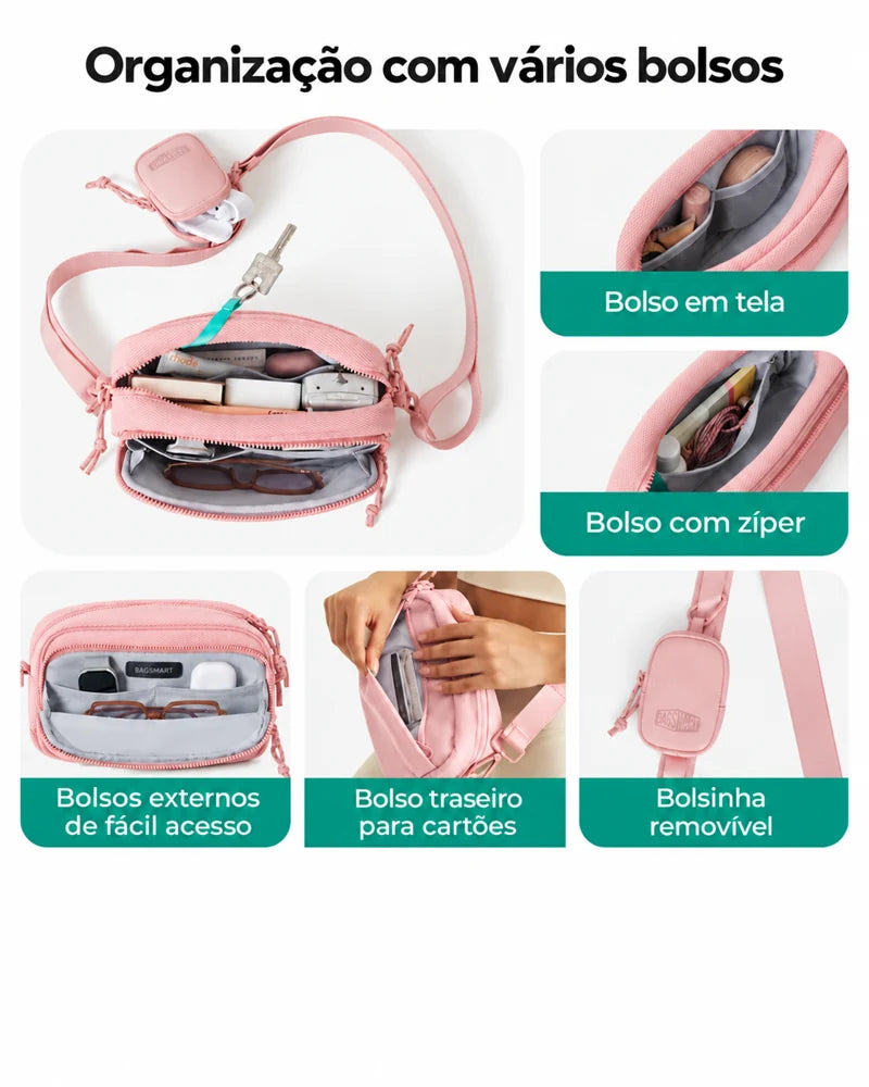 Pochete Unissex com Bolsinha Removível Bags Mart Cor Rosa — bolsos e compartimentos
